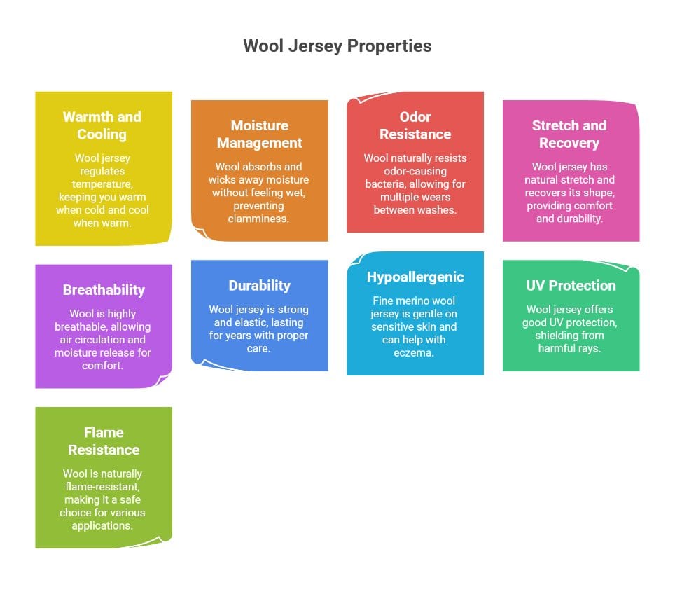 Wool jersey properties infographic showing warmth breathability moisture control and durability