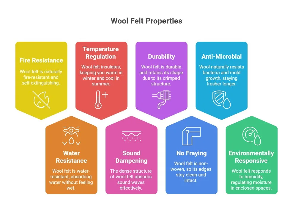 Wool felt properties infographic showing durability, fire resistance, sound absorption, and moisture regulation