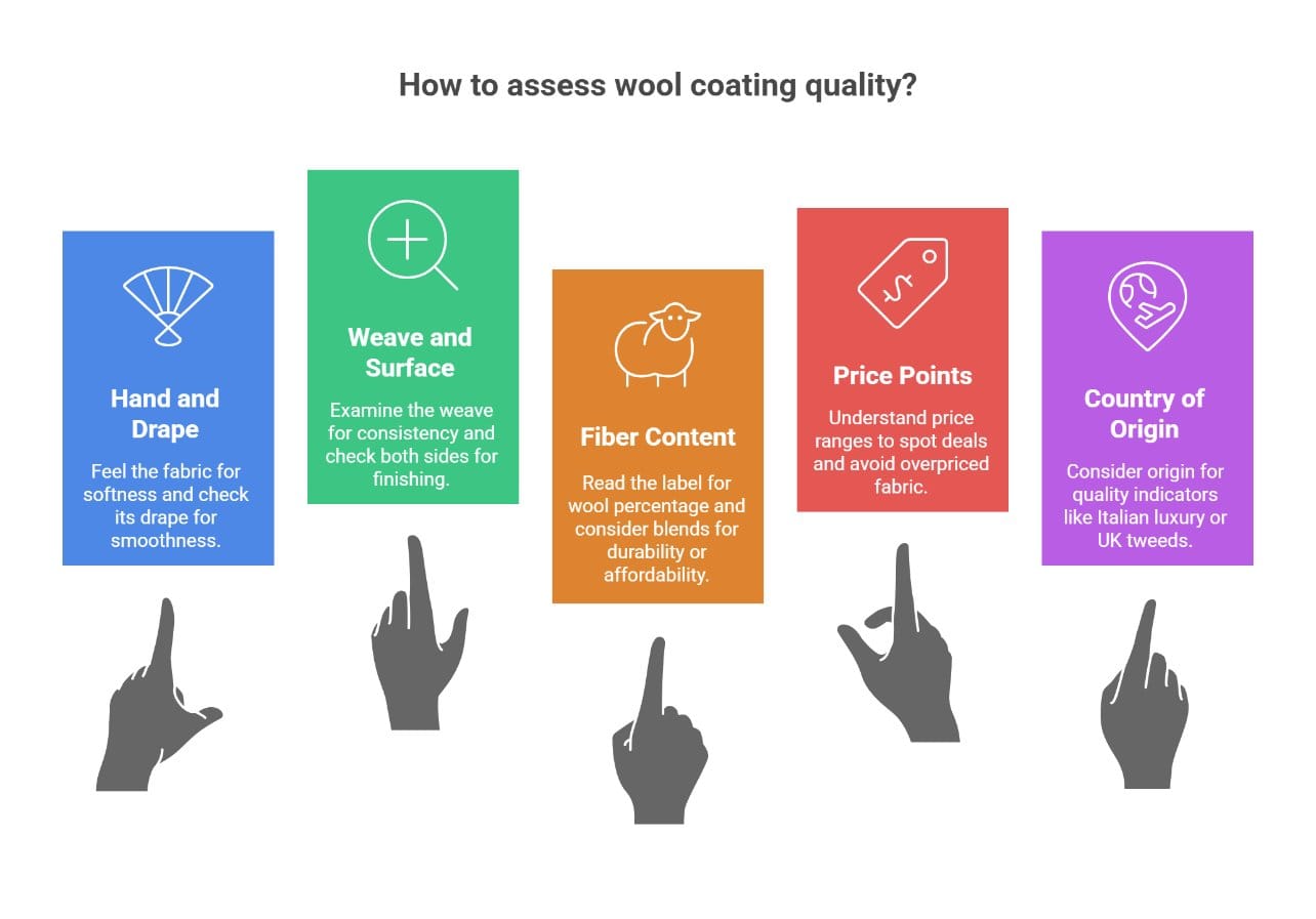 Infographic showing how to assess wool coating quality including weave, fiber content, price, and country of origin