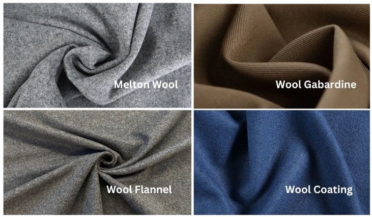 Multiple wool fabric samples comparing melton wool with gabardine, flannel, and wool coating materials