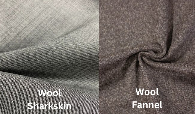 Side by side comparison of wool sharkskin fabric and wool flannel fabric showing texture differences