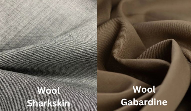 Close up comparison of wool sharkskin fabric and wool gabardine fabric emphasizing weave and drape