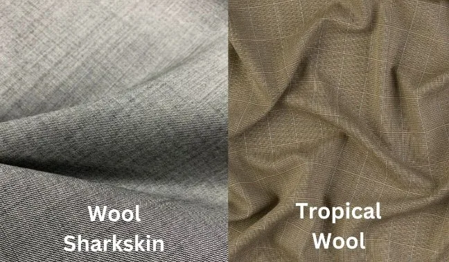 Comparison of wool sharkskin fabric and tropical wool fabric highlighting breathability and texture