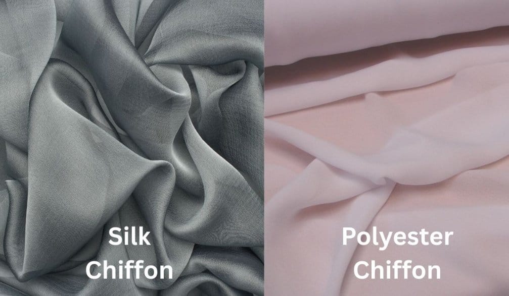 Side by side comparison of silk chiffon and polyester chiffon showing texture and drape differences