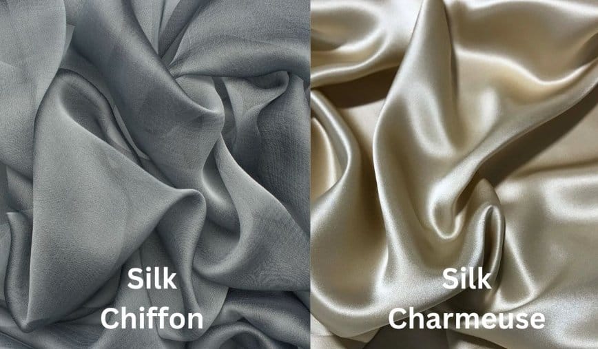 Comparison of silk chiffon and silk charmeuse showing matte sheer texture versus smooth glossy satin finish