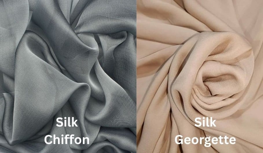 Side by side view of silk chiffon and silk georgette fabrics highlighting weave and texture differences