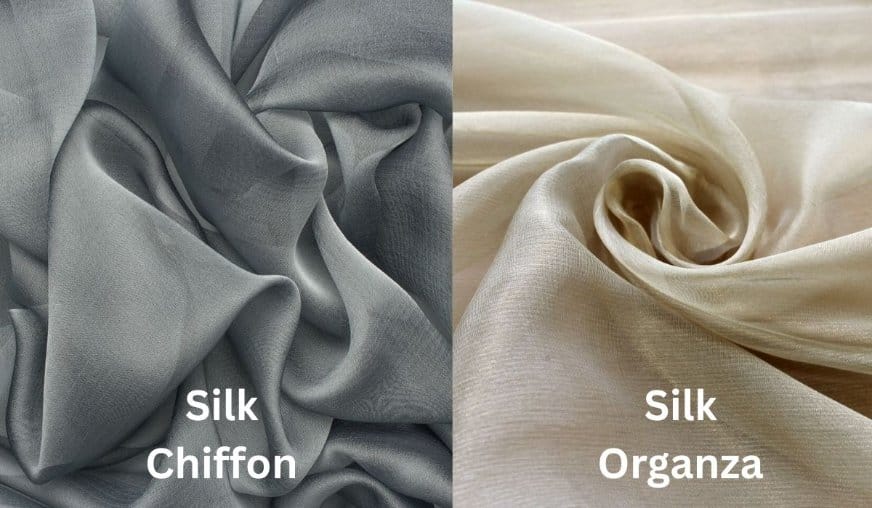Silk chiffon and silk organza comparison showing soft drape versus crisp structured texture