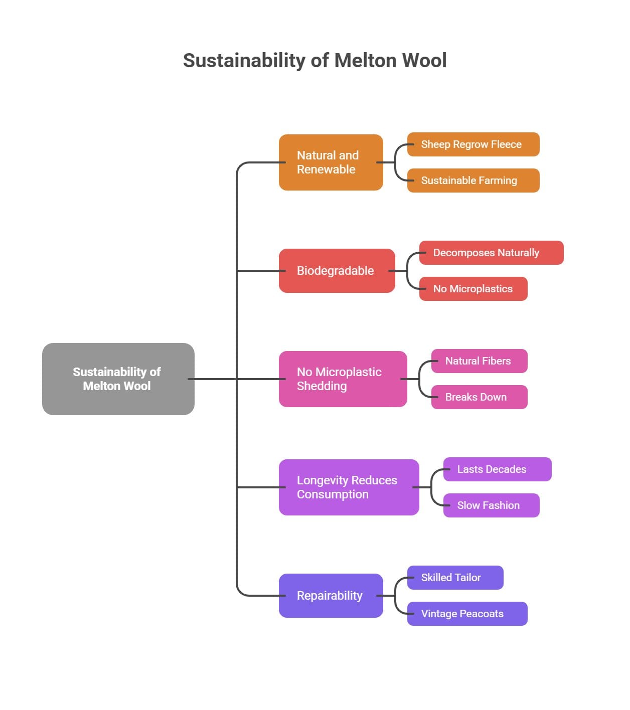 Sustainability of melton wool infographic showing renewable fibers, biodegradability, durability, and repairability