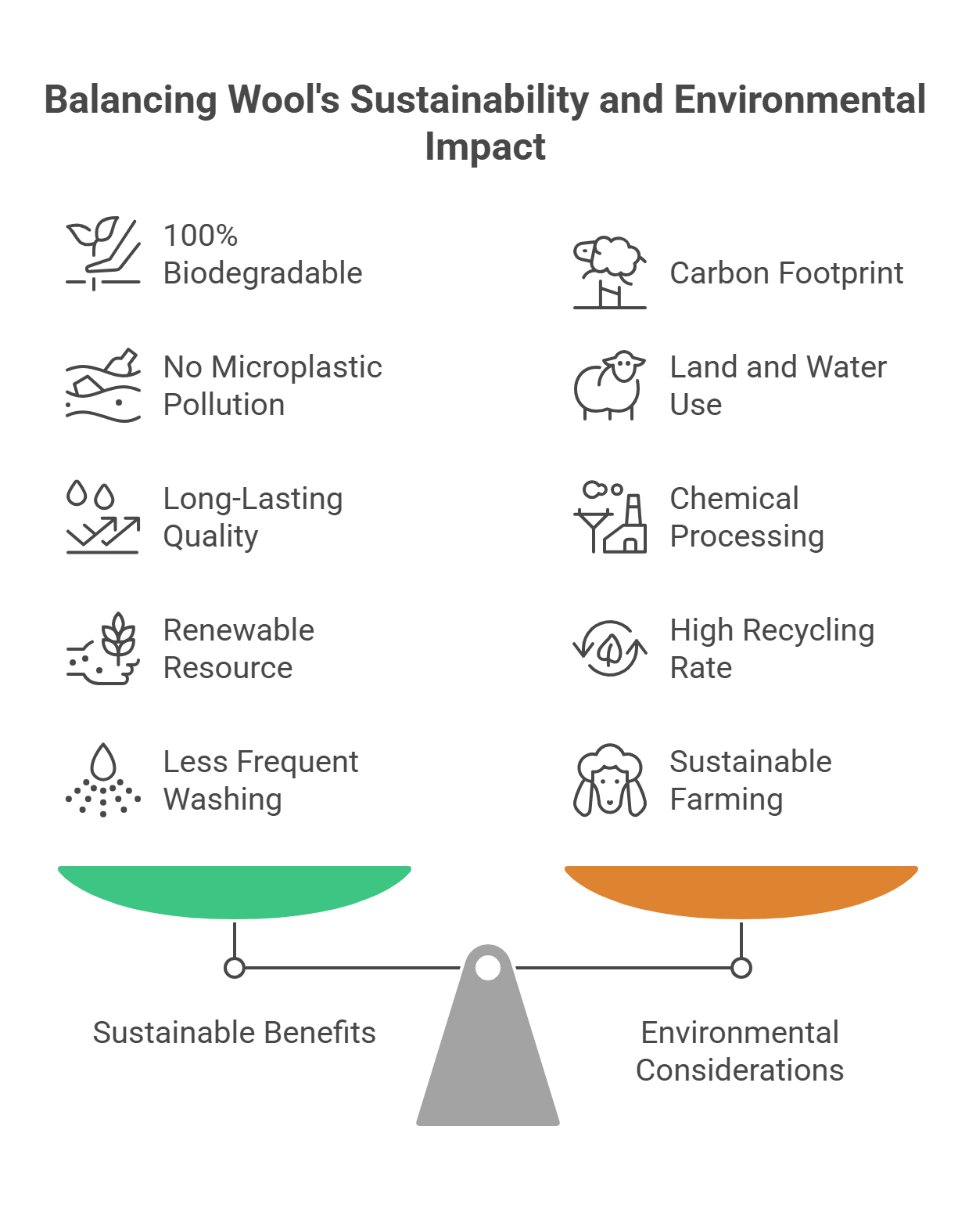 Sustainability infographic explaining environmental impact of wool fabric including biodegradability and renewable sourcing
