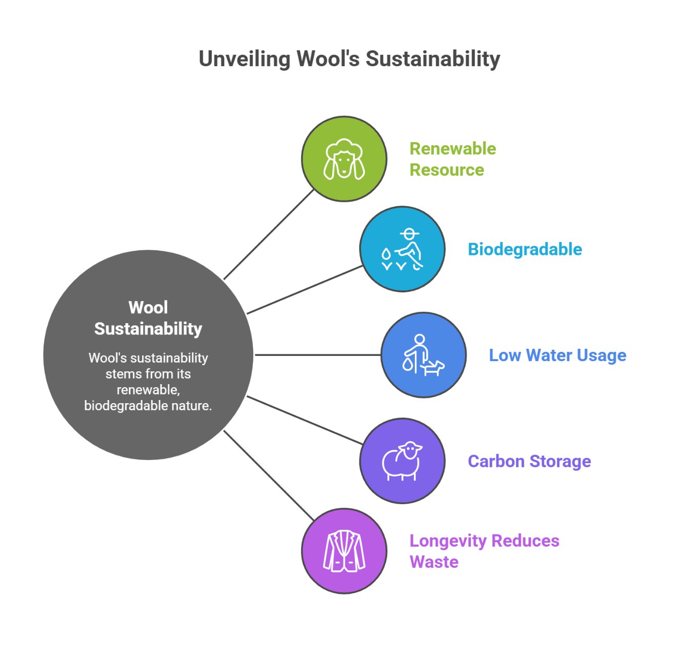 Infographic explaining wool sustainability including renewability, biodegradability, and low water use