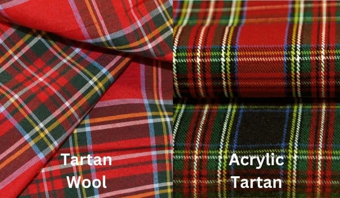 Side by side comparison of tartan wool fabric and acrylic tartan fabric