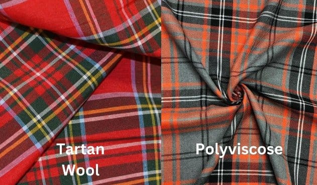 Tartan wool fabric compared with polyviscose tartan fabric in close up view