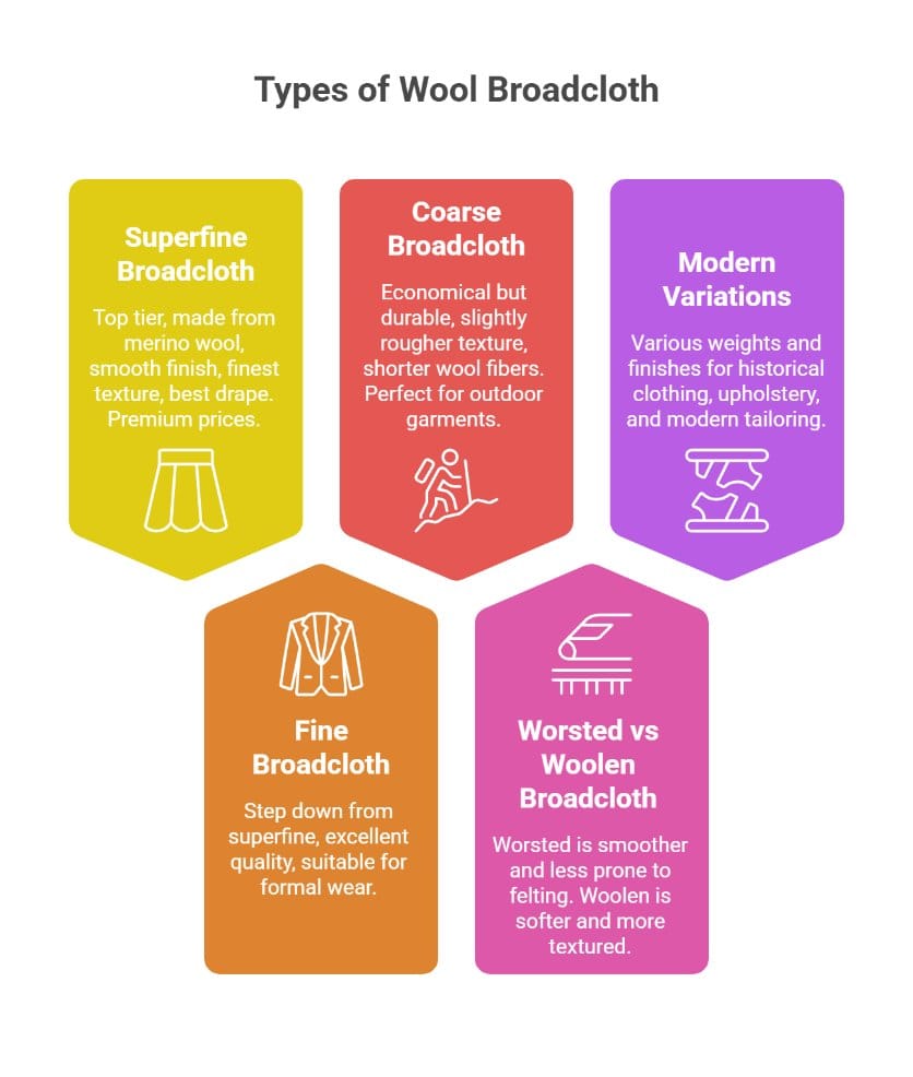 Types and grades of wool broadcloth infographic showing superfine fine coarse and modern variations