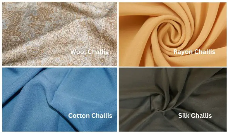Different types of challis fabric including wool challis, rayon challis, cotton challis, and silk challis