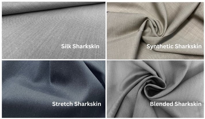 Different types of sharkskin fabric including silk sharkskin, synthetic sharkskin, stretch sharkskin, and blended sharkskin shown in close up