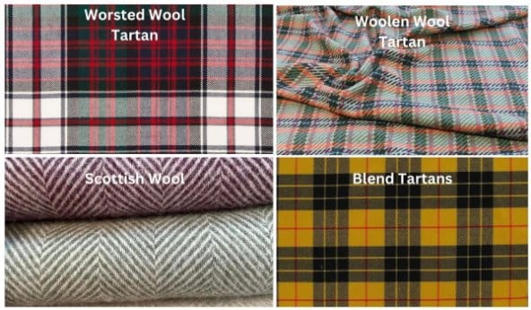 Different types of tartan wool fabric including worsted wool, woolen wool, Scottish wool, and blended tartans
