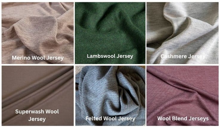 Different types of wool jersey fabric including merino lambswool cashmere and blends