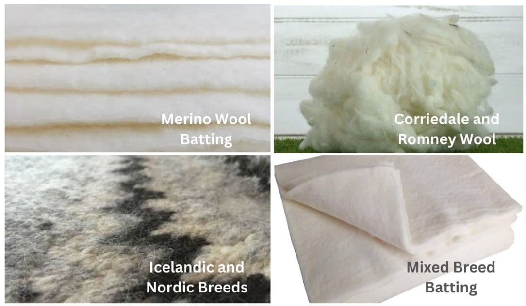 Different types of wool batting including merino corriedale romney icelandic and mixed breeds