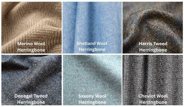 Different herringbone wool fabrics including merino, shetland, harris tweed, donegal, saxony, and cheviot wool