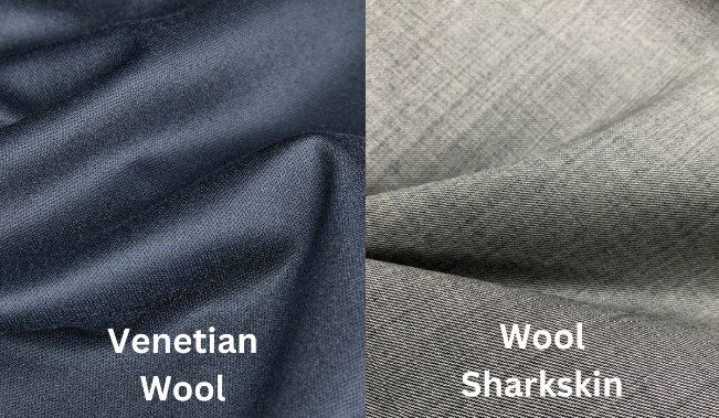 Side by side comparison of venetian wool fabric and wool sharkskin fabric showing texture and weave differences