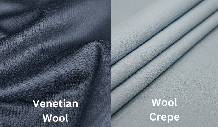 Comparison of venetian wool fabric and wool crepe fabric highlighting surface texture differences