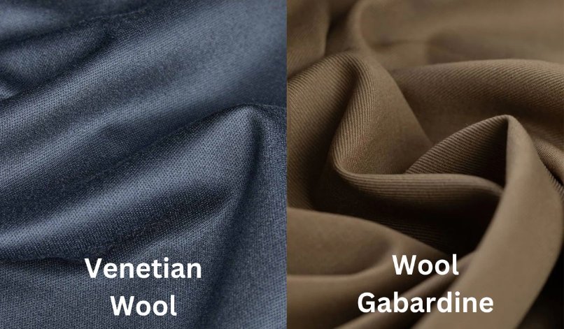 Comparison of venetian wool and wool gabardine fabrics showing weave density and drape