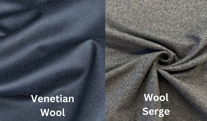 Side by side view of venetian wool and wool serge fabrics highlighting texture and weave patterns