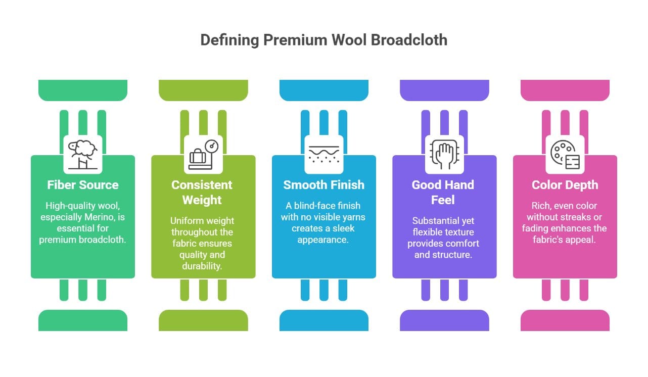Premium wool broadcloth characteristics infographic showing fiber quality finish weight and color depth