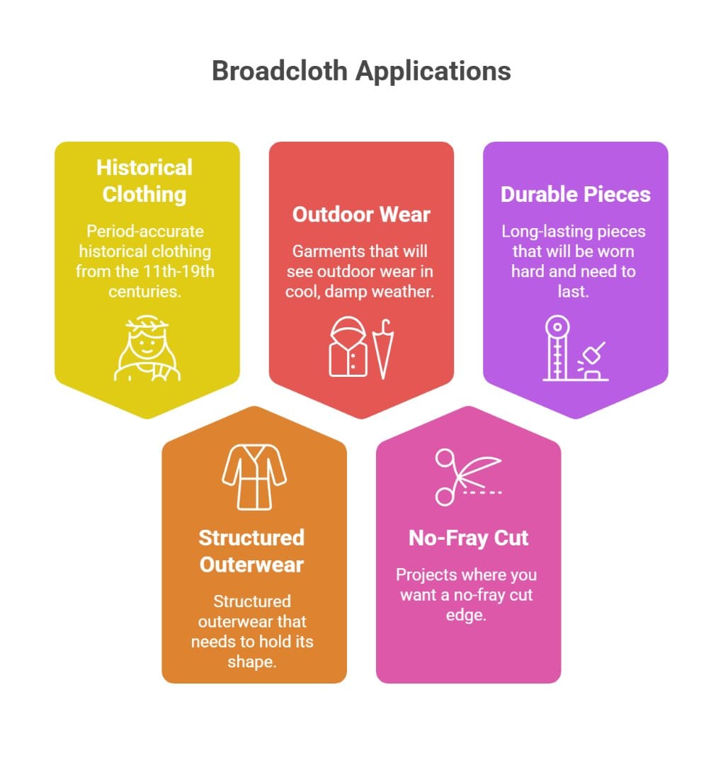 Broadcloth fabric applications infographic showing historical clothing outerwear and durable garments