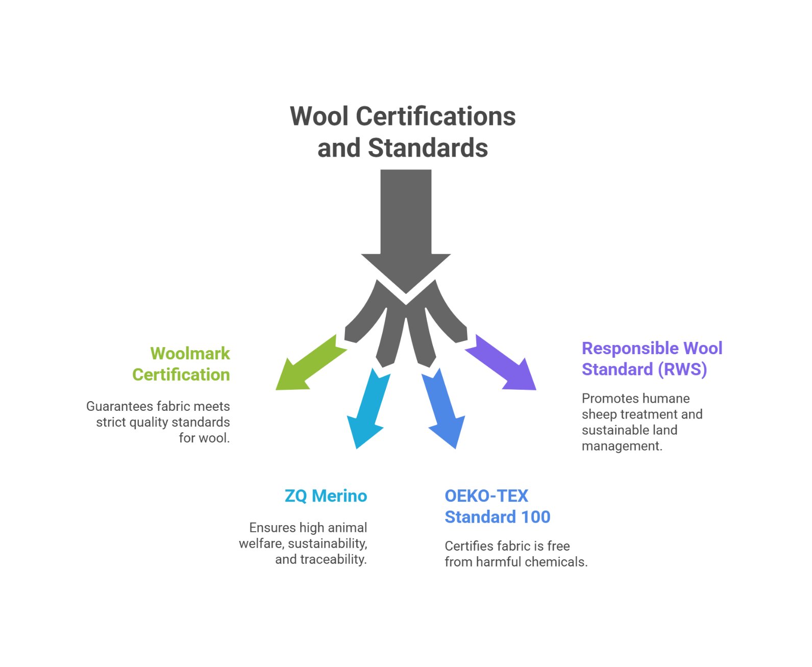 Infographic showing wool certifications including Woolmark, RWS, ZQ Merino, and OEKO TEX Standard 100