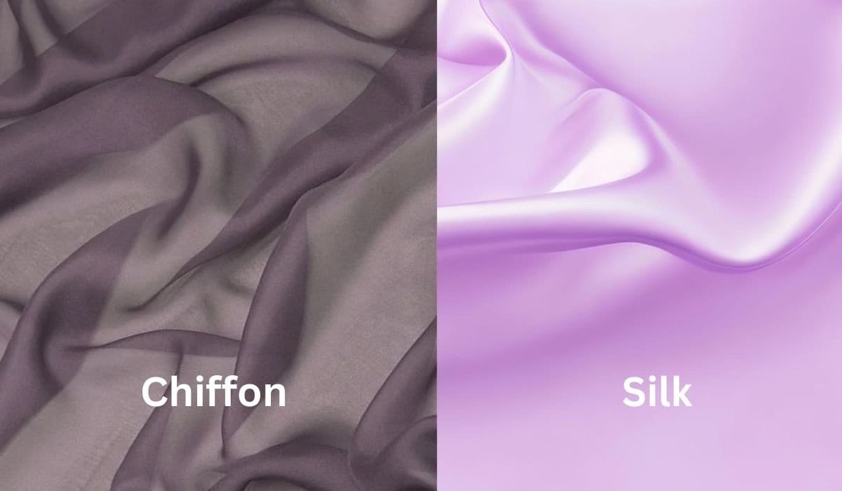 Comparison image showing chiffon fabric beside silk fabric to highlight texture and drape differences