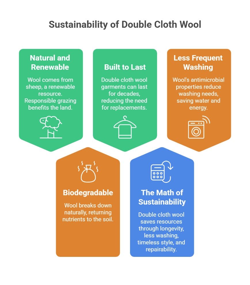 Sustainability infographic showing why double cloth wool is renewable, durable, and biodegradable