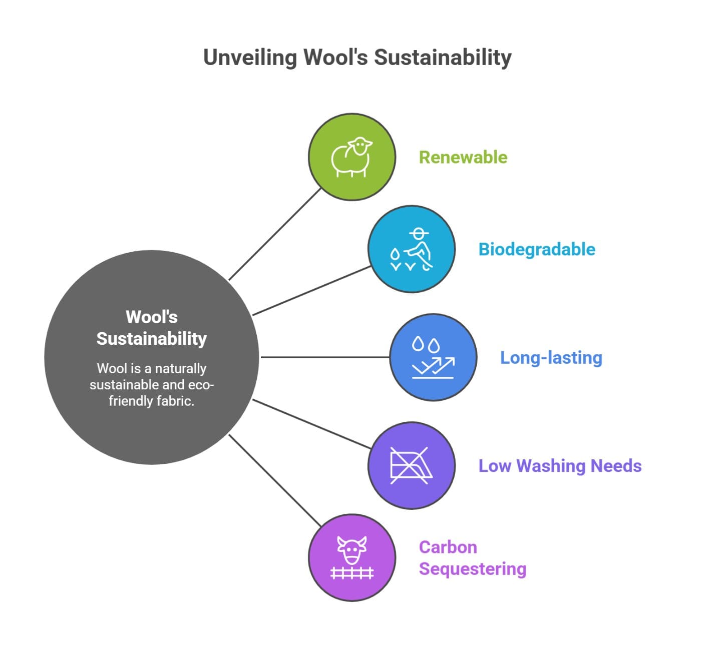 Infographic explaining wool sustainability including renewable, biodegradable, and long lasting benefits