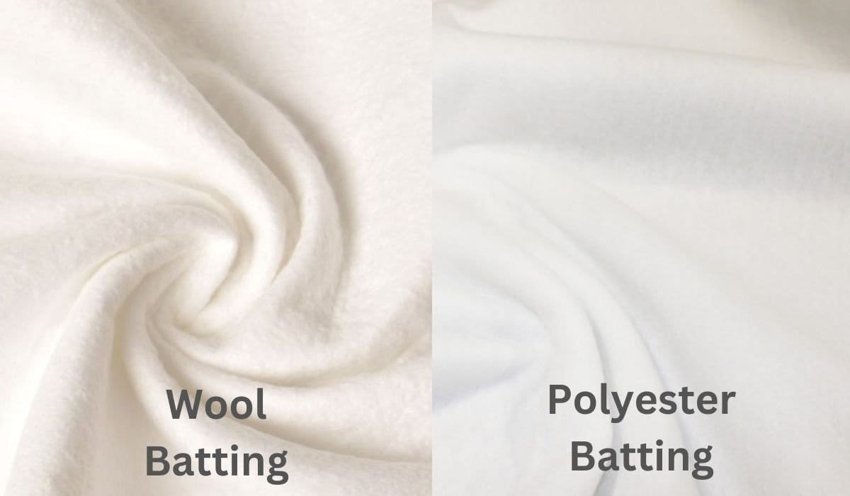 Comparison of wool batting and polyester batting showing loft and fiber density