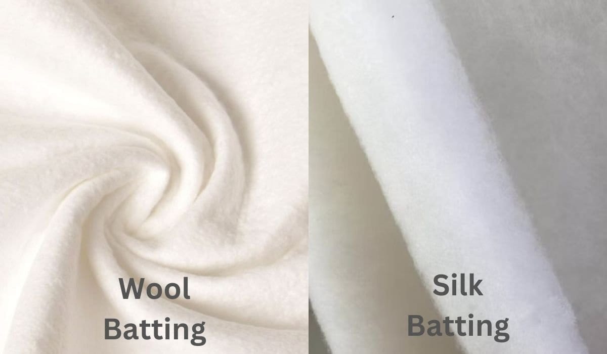 Comparison of wool batting and silk batting showing softness and thickness differences