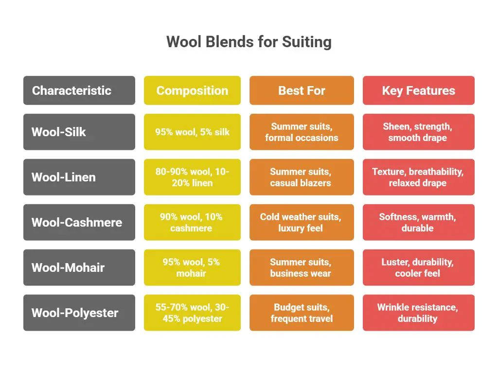 Comparison chart showing common wool blends for suiting and their features