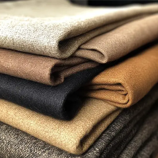Stacked wool suiting fabrics showing different blended textures and colors