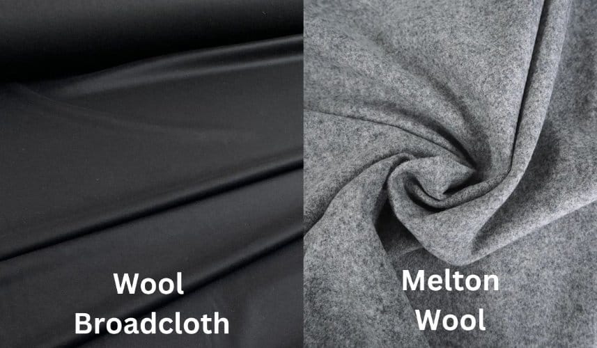 Comparison of wool broadcloth and melton wool fabric textures side by side
