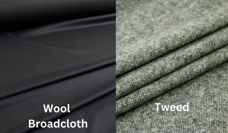 Side by side comparison of wool broadcloth and tweed fabric textures
