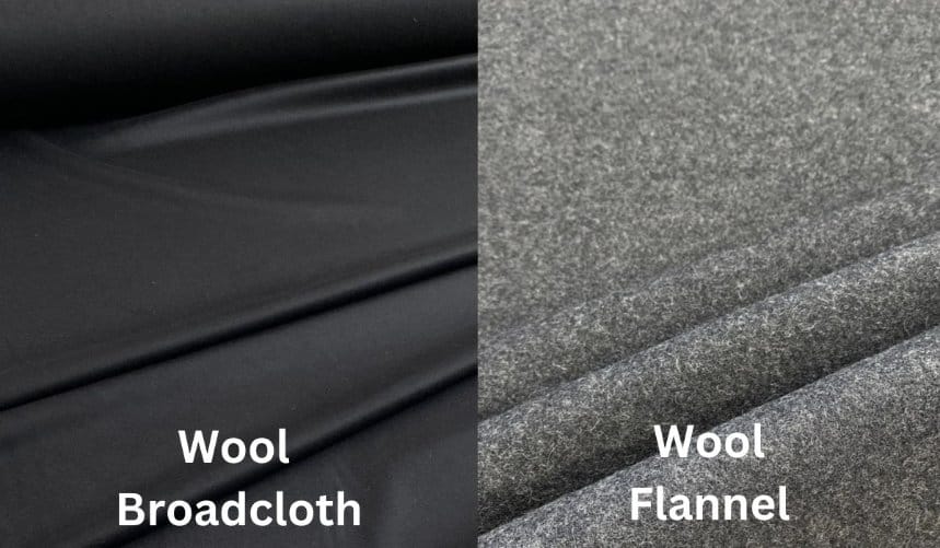 Wool broadcloth and wool flannel fabric comparison showing smooth versus soft brushed texture
