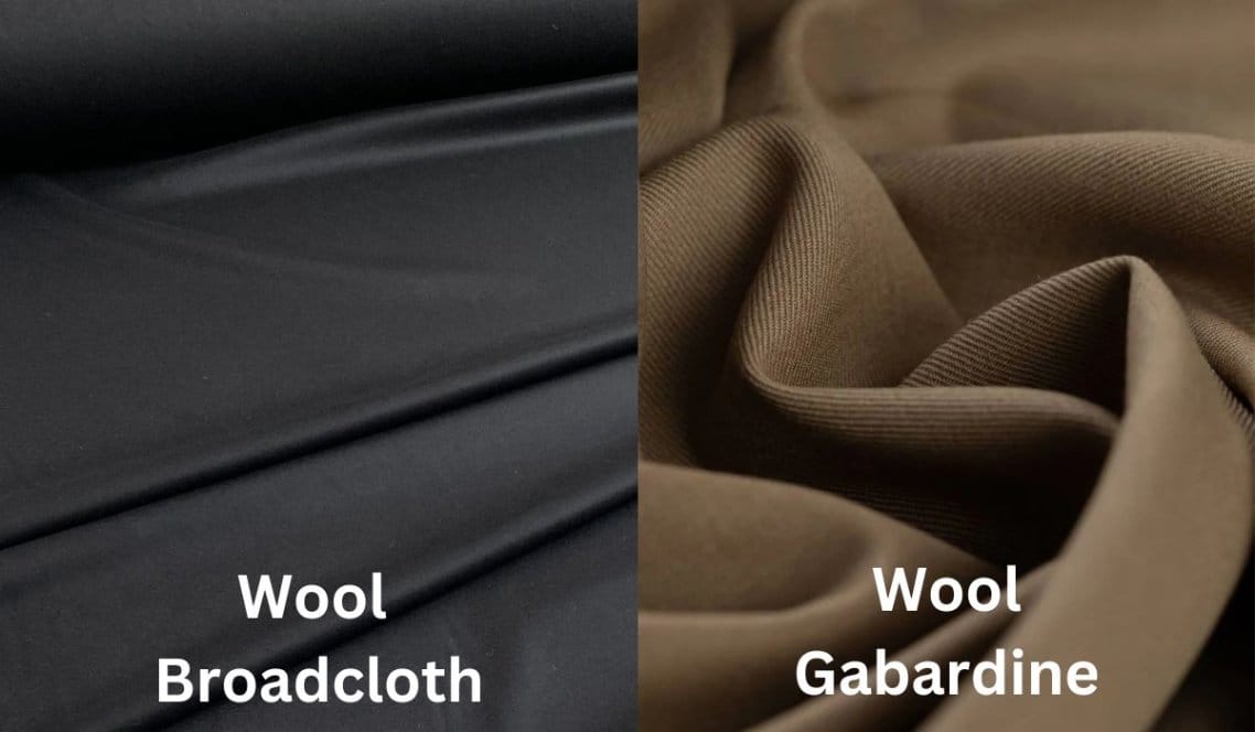 Comparison of wool broadcloth and wool gabardine fabric showing weave differences