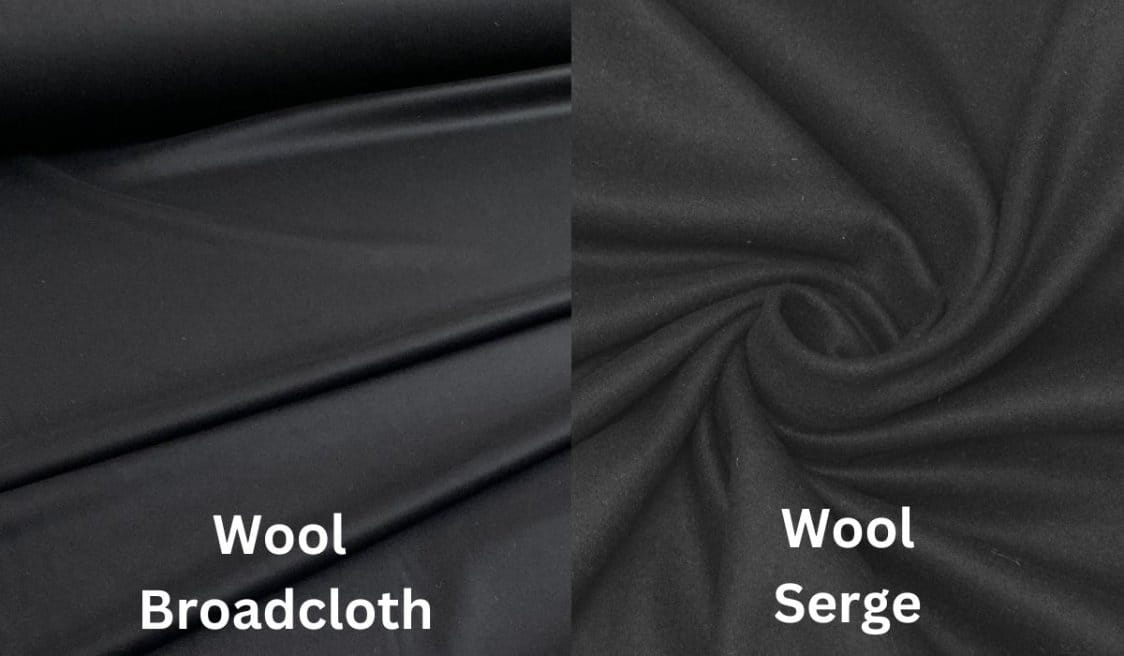 Wool broadcloth and wool serge fabric comparison showing smooth and twill textures