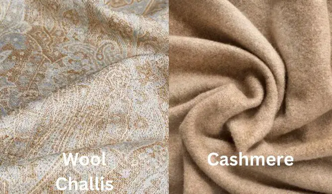 Wool challis and cashmere fabric comparison showing differences in texture, thickness, and softness