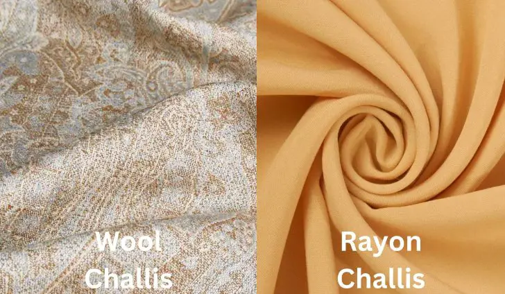 Wool challis and rayon challis fabric comparison showing natural fiber versus semi synthetic fiber texture