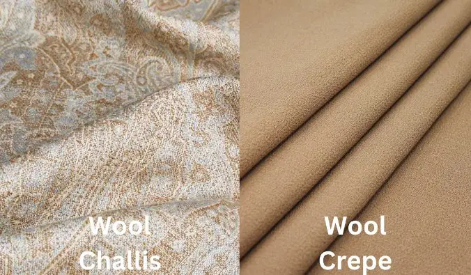 Wool challis and wool crepe fabric comparison showing differences in texture, weave, and drape