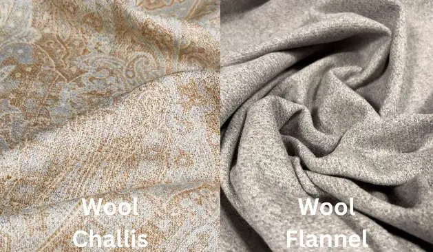 Wool challis and wool flannel fabric comparison showing lightweight drape versus soft brushed texture