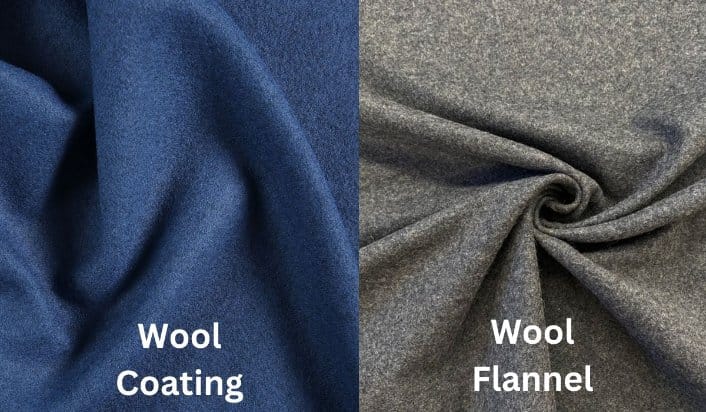 Side by side comparison of wool coating fabric and wool flannel showing thickness and surface texture differences