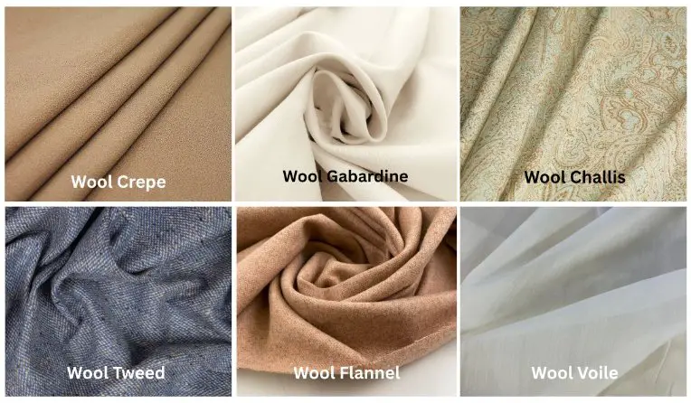 Comparison of wool crepe with other wool fabrics including gabardine, challis, tweed, flannel, and voile