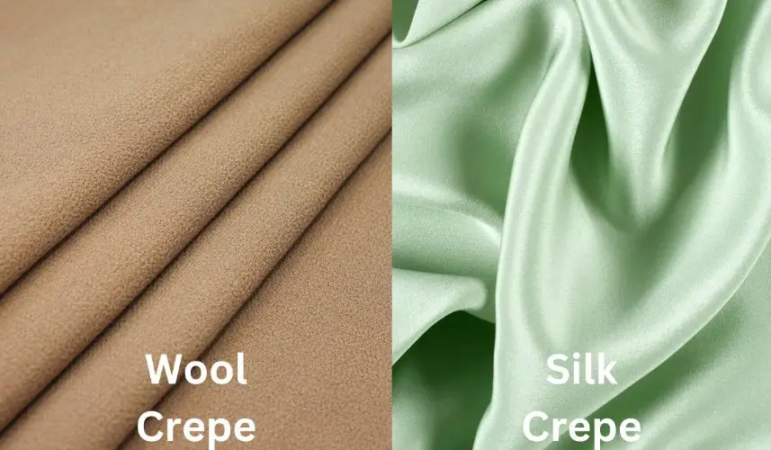 Wool crepe and silk crepe fabric comparison showing matte texture versus glossy drape