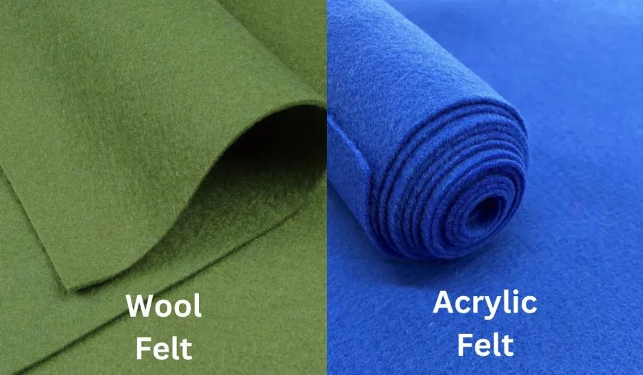 Comparison of wool felt and acrylic felt showing texture differences, natural fibers, and synthetic material contrast